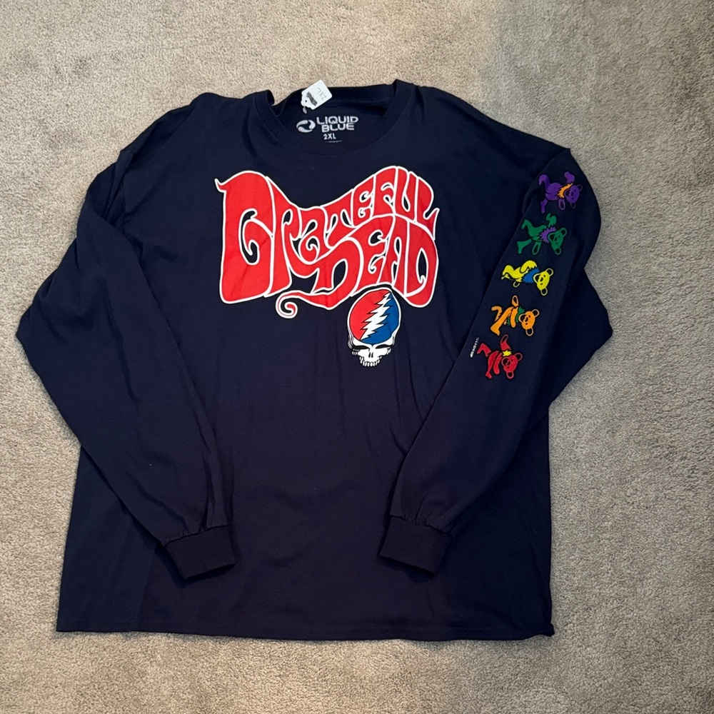 Liquid Blue Navy Grateful Dead Long-Sleeve Tee with Multicolor Sleeve Bears